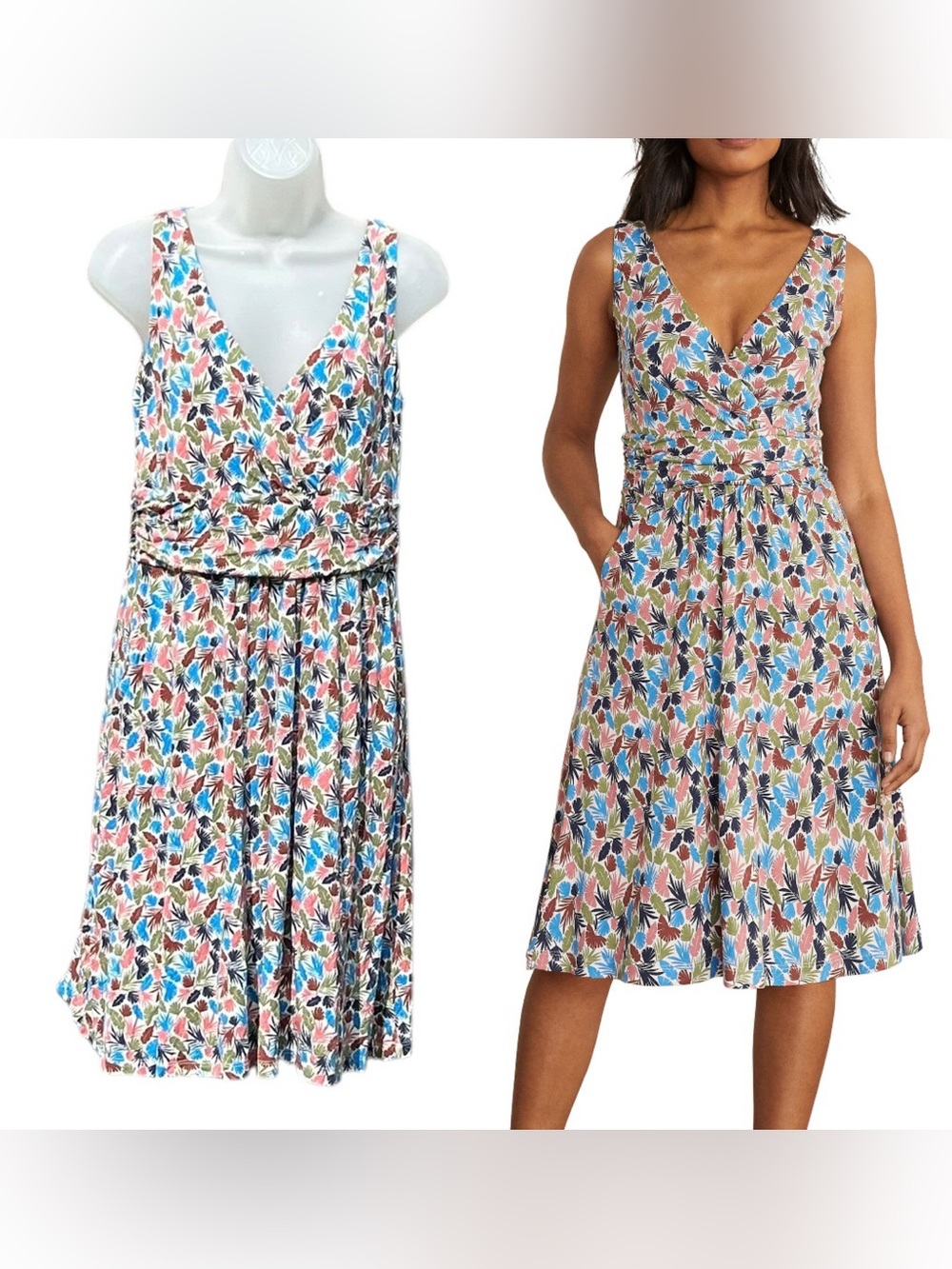 BODEN Women 10P US Effie Palm V-Neck Stretch Jersey Sleeveless Faux Wrap Dress.
